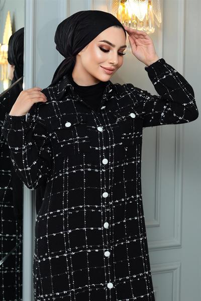 Düğmeli Kaşe Kaban Siyah 19260