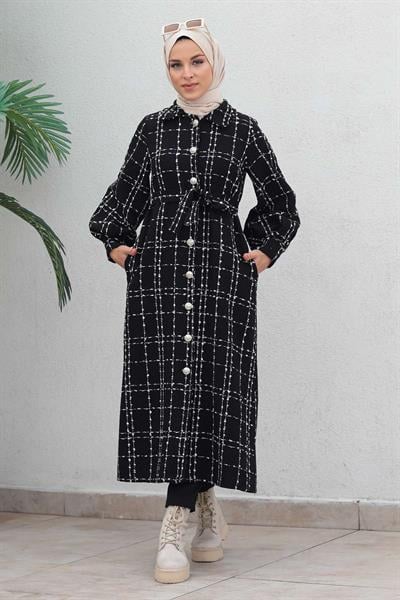 Düğmeli Kaşe Kaban Siyah 19600