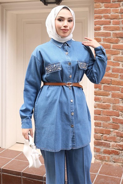 Düğmeli Taş Detaylı Kemerli Kot Takım Açık Mavi 19485