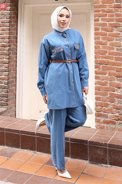 Düğmeli Taş Detaylı Kemerli Kot Takım Açık Mavi 19485