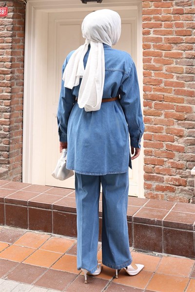 Düğmeli Taş Detaylı Kemerli Kot Takım Açık Mavi 19485