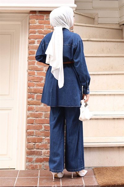 Düğmeli Taş Detaylı Kemerli Kot Takım Koyu Mavi 19485