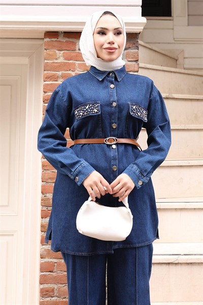 Düğmeli Taş Detaylı Kemerli Kot Takım Koyu Mavi 19485