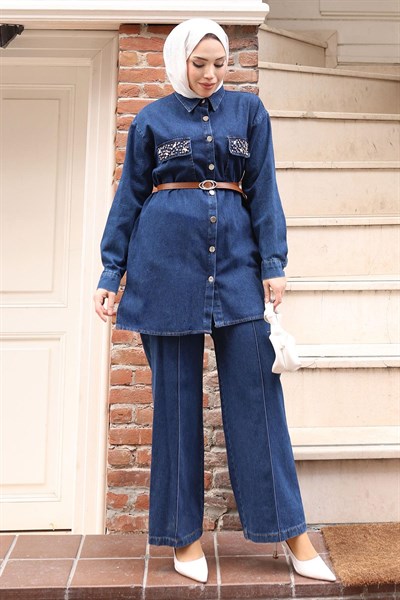 Düğmeli Taş Detaylı Kemerli Kot Takım Koyu Mavi 19485