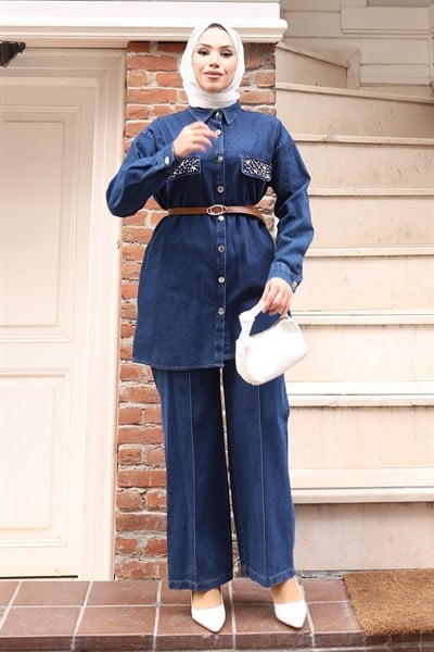 Düğmeli Taş Detaylı Kemerli Kot Takım Koyu Mavi 19485