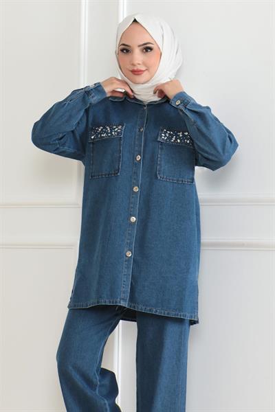 Düğmeli Taş Detaylı Kot Takım Açık Kot 19285