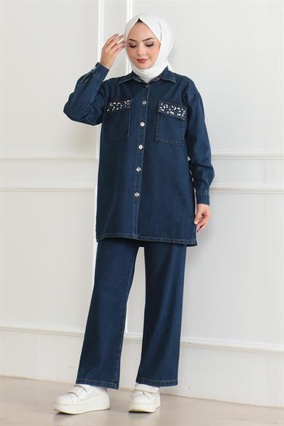 Düğmeli Taş Detaylı Kot Takım Koyu Kot 19285