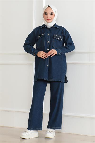 Düğmeli Taş Detaylı Kot Takım Koyu Kot 19285