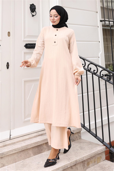 Düğmeli Tesettür Takım Bej MSV10358