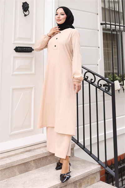 Düğmeli Tesettür Takım Bej MSV10358
