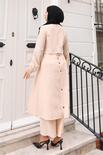 Düğmeli Tesettür Takım Bej MSV10358