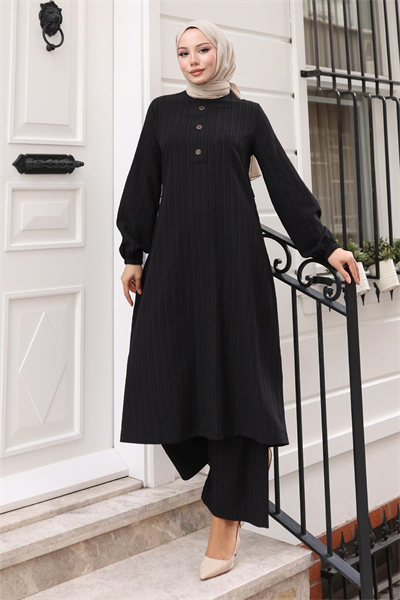 Düğmeli Tesettür Takım Siyah MSV10358