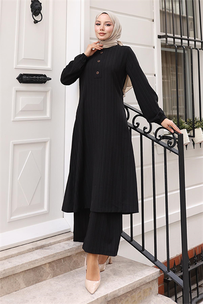 Düğmeli Tesettür Takım Siyah MSV10358