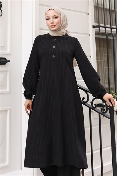 Düğmeli Tesettür Takım Siyah MSV10358