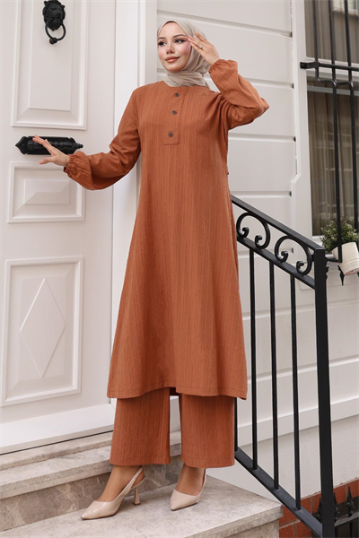 Düğmeli Tesettür Takım Taba MSV10358