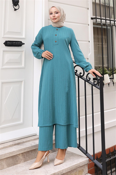 Düğmeli Tesettür Takım Turkuaz MSV10358
