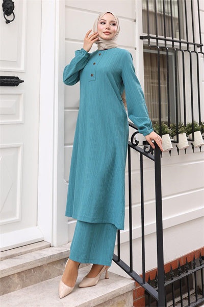 Düğmeli Tesettür Takım Turkuaz MSV10358
