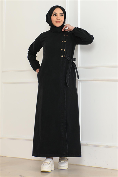 Düğmeli Yandan Bağlamalı Kot Ferace Füme 19361