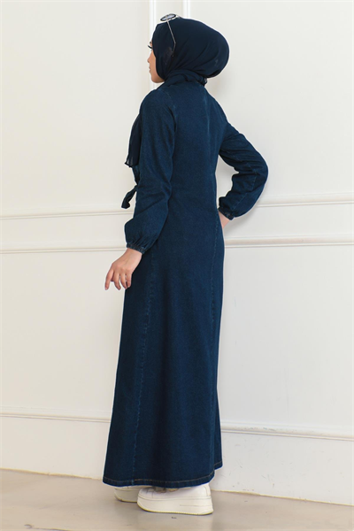 Düğmeli Yandan Bağlamalı Kot Ferace Koyu Mavi 19361