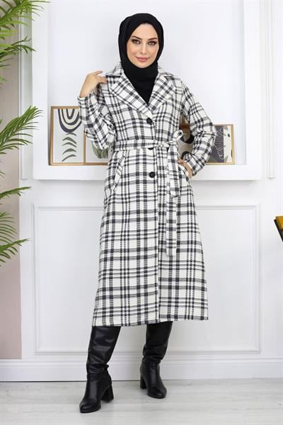 Ekoseli Şanel Kaşe Kaban Beyaz 19137