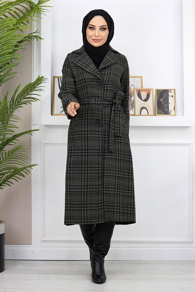 Ekoseli Şanel Kaşe Kaban Haki 19137