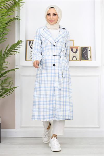 Ekoseli Şanel Kaşe Kaban Mavi 19137