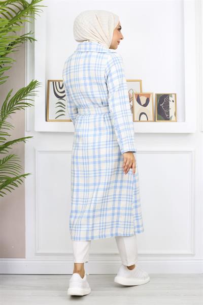 Ekoseli Şanel Kaşe Kaban Mavi 19137