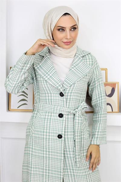 Ekoseli Şanel Kaşe Kaban Mint 19137