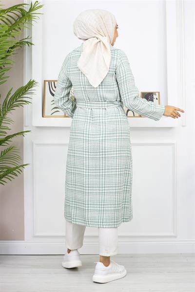 Ekoseli Şanel Kaşe Kaban Mint 19137