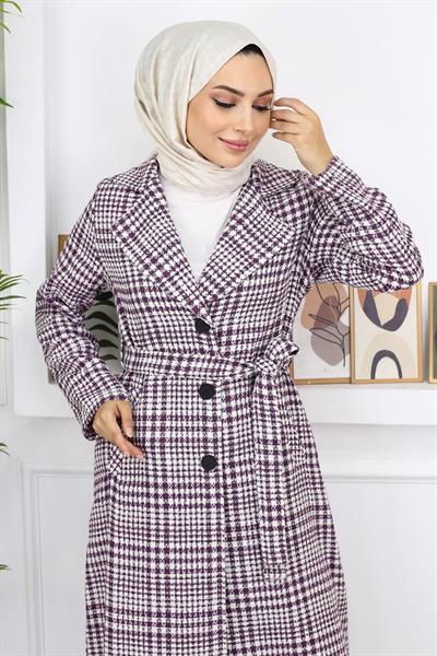 Ekoseli Şanel Kaşe Kaban Mürdüm 19137