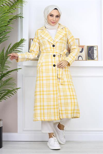 Ekoseli Şanel Kaşe Kaban Sarı 19137