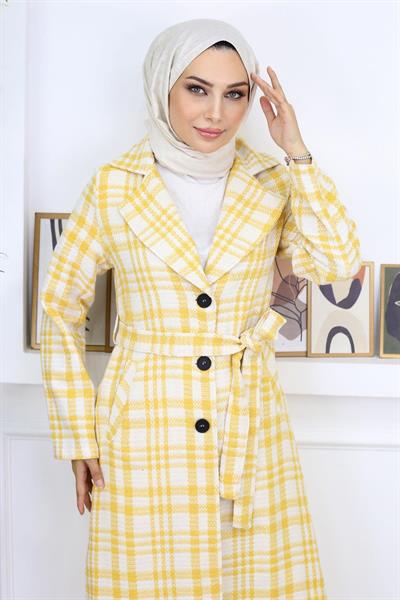 Ekoseli Şanel Kaşe Kaban Sarı 19137