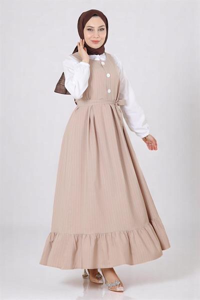 Eteği Pileli Kemerli Jile Takım Bej 19221