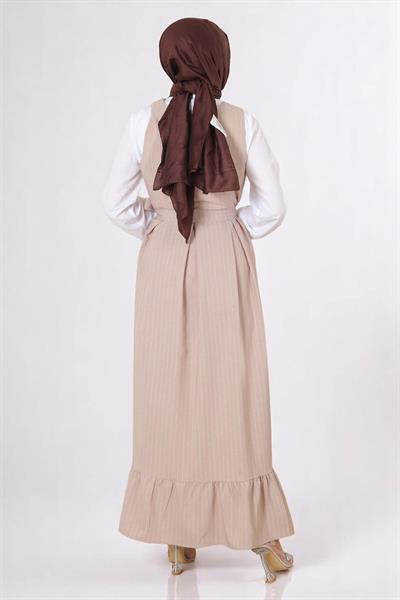 Eteği Pileli Kemerli Jile Takım Bej 19221