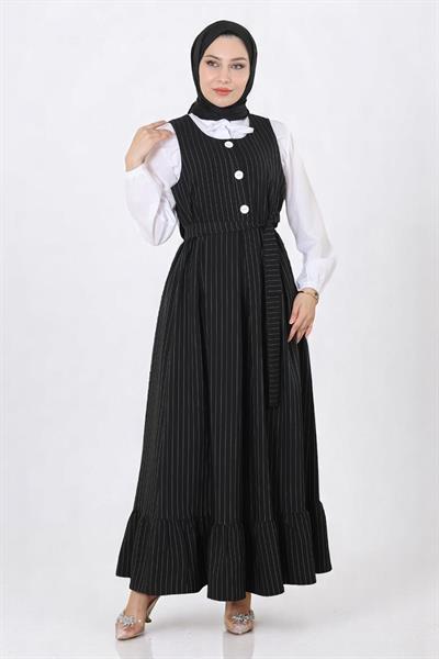Eteği Pileli Kemerli Jile Takım Siyah 19221