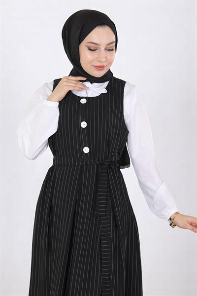 Eteği Pileli Kemerli Jile Takım Siyah 19221