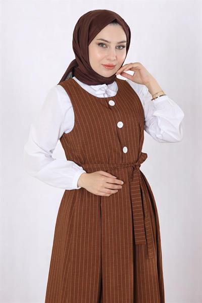 Eteği Pileli Kemerli Jile Takım Taba 19221