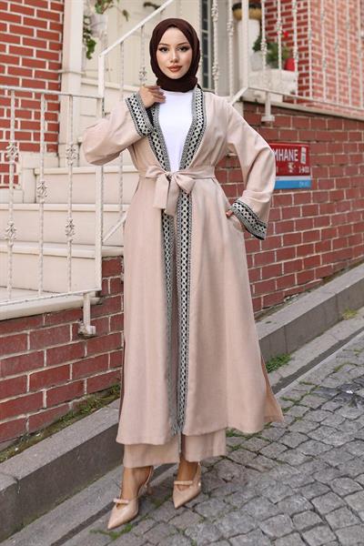 Etnik Desenli Kimono Takım Bej MSW19251-5