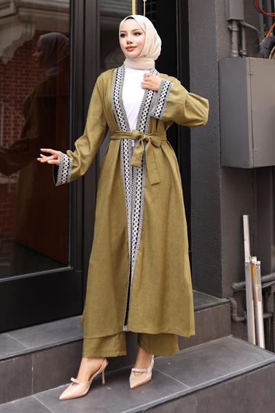 Etnik Desenli Kimono Takım Haki MSW19251-4