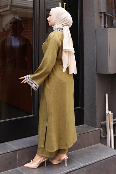 Etnik Desenli Kimono Takım Haki MSW19251-4