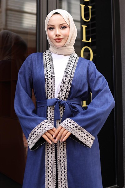 Etnik Desenli Kimono Takım İndigo 19251
