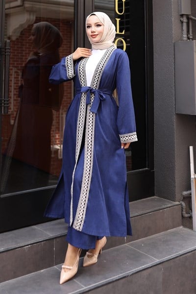 Etnik Desenli Kimono Takım İndigo 19251