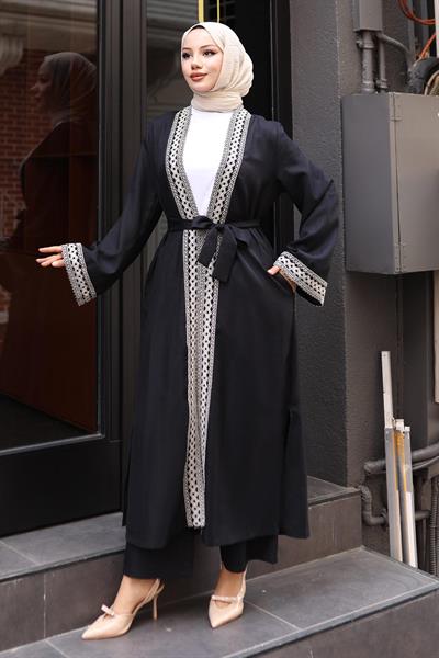 Etnik Desenli Kimono Takım Siyah MSW19251-1