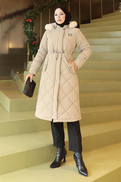 Fermuarlı Beli Bağcıklı Kapitone Mont Bej 19283