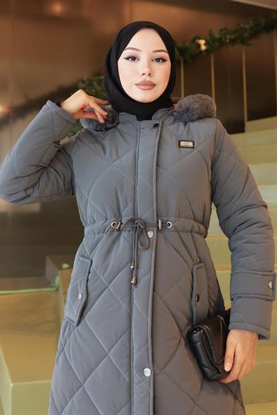 Fermuarlı Beli Bağcıklı Kapitone Mont Gri 19283