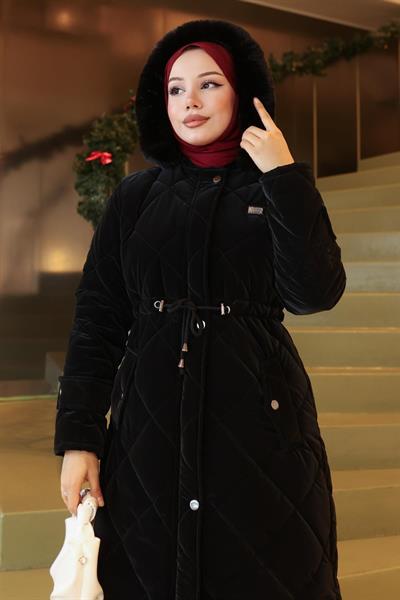 Fermuarlı Beli Bağcıklı Kapitone Mont Siyah 19283