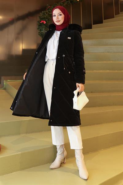 Fermuarlı Beli Bağcıklı Kapitone Mont Siyah 19283