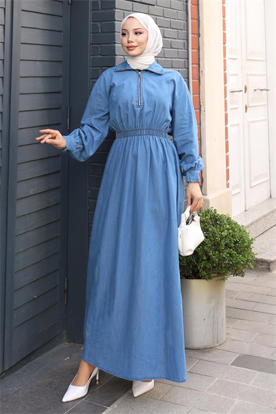 Fermuarlı Beli Lastikli Kot Elbise Açık Kot MSV19240