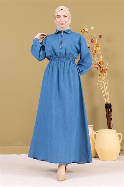 Fermuarlı Beli Lastikli Kot Elbise Açık Mavi MSW19240-1