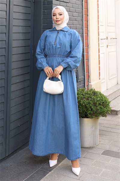 Fermuarlı Beli Lastikli Kot Elbise Açık Kot MSV19240